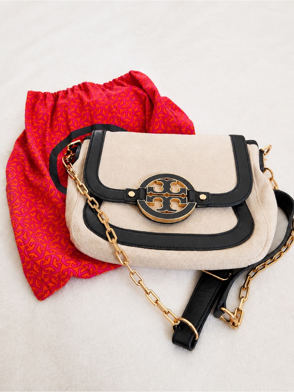 Tory Burch Beige Canvas Crossbody with Black Trim & Gold Hardware